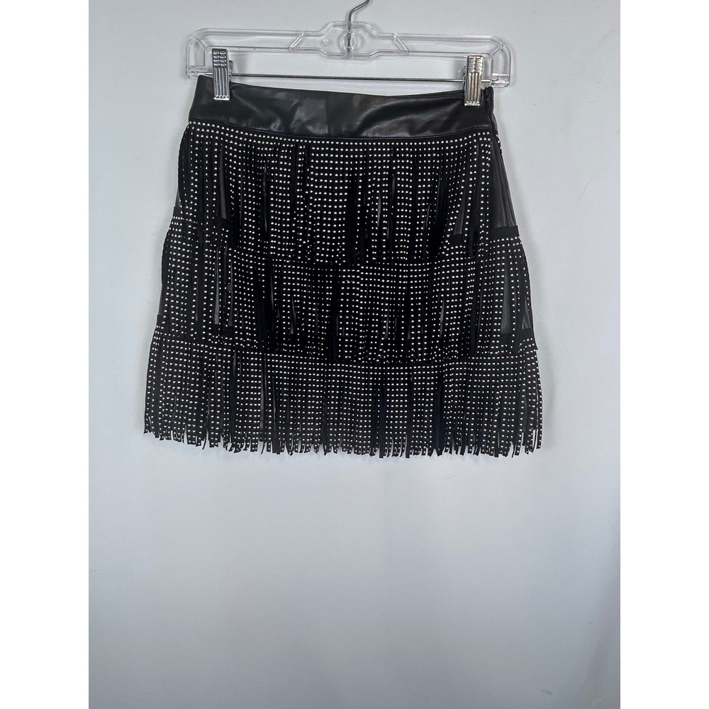 Faux Leather Studded Fringe Mini Skirt Black Western Rocker Festival Skirt - Picture 4 of 12